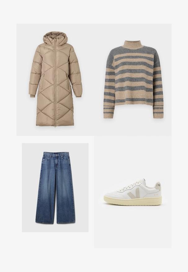 Garšīgs bēšs quilted puffer mētelis ar kapuci, pilnīga priekšējā rāvējslēdzēja, divas rāvējslēdzēju sānu kabatas un ribotās piedurknes.; Raitaināta džemperis ar pelēkajām un bežām krāsām, augstu apkakli, platām aprocēm un brīvu piegriezumu ar īsu dizainu.; Platām kājām zila denima bikses ar izbalējušu apdari, ar pogu un rāvējslēdzēju, pieciem kabatām un jostu cilpām.; Baltas ādas sporta apavu pāris ar bēšiem zamša akcentiem, caurumiņu purngalā, plakanu šņorēšanu un teksturētu krēmkrāsas zoli. Iezīmējas ar diskrētu zīmolu uz papēža.