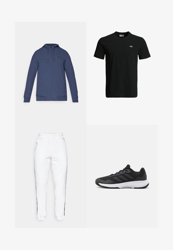 Námornícky modrá zipová mikina vyrobená z textúrovaného materiálu, s kapucňou na šnúrku, dvoma prednými vreckami a malým logom značky na hrudi.; Čierne bavlnené tričko s okrúhlym výstrihom, krátkymi rukávmi a malým zeleným logo krokodíla na ľavej hrudi. Hladká textúra, ležérny dizajn.; Biele teplákové nohavice s elastickým pásom, s čiernymi bočnými pruhmi a manžetami. Vyrobené z mäkkej tkaniny s hladkým povrchom.; Čierna atletická topánka s textúrovaným zvrškom, s tromi horizontálnymi pruhmi a bielou podrážkou s vzorovaným profilom. Ľahký a aerodynamický dizajn.