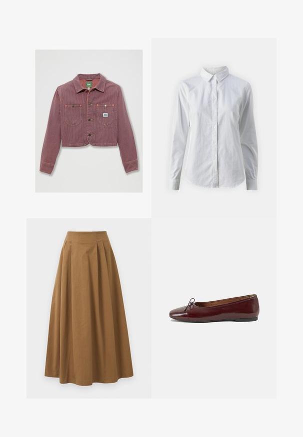 Kratka rdeča in bela črtasta jakna iz kordovca, z dvema žepoma na prsih in gumbom za zapiranje, z vidno oznako blagovne znamke na levi strani.; Bela srajca z gumbki, narejena iz gladkega bombaža, s klasičnim ovratnikom, dolgimi rokavi in ukrivljenim robom. Gumbi so majhni in beli.; Rjava bombažna A-linijska krila z visokim pasom, ki vključuje naborke spredaj in gladko teksturo. Robovi so čisti in preprosti.; Burgundska patenti usnjeni baletni čevlji z zaobljenim prstom, majhnim lokom na sprednji strani in nizkim črnim gumijastim podplatom. Gladka tekstura.