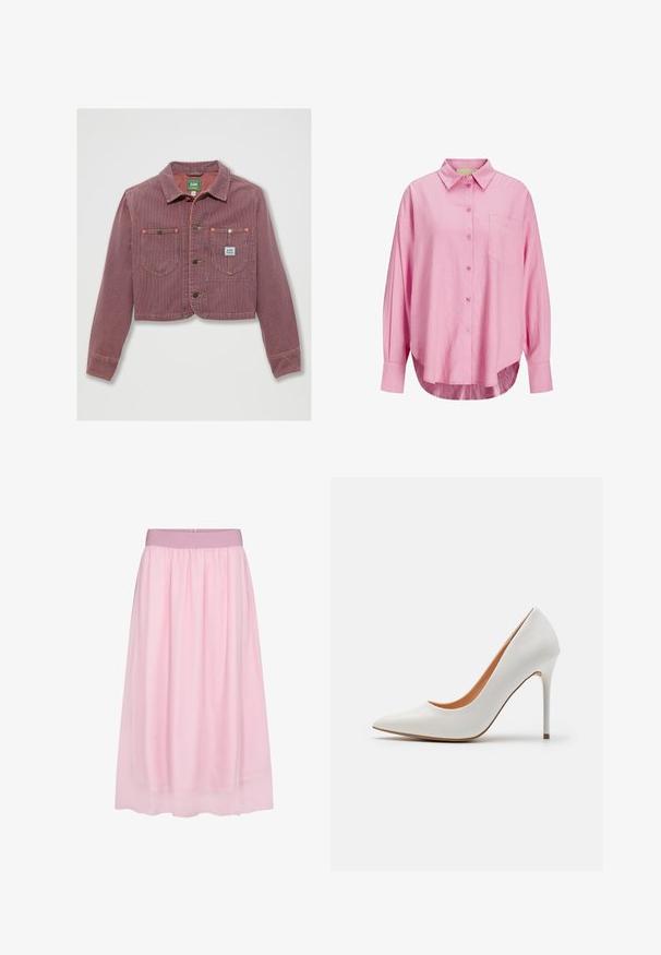 Cropped red and white striped jacket made of corduroy, featuring two chest pockets and button closure, with brand tag visible on the left side.; Light pink button-up shirt with a collared neckline, long sleeves, single chest pocket, and a slightly curved hem. Fabric appears soft.; Pink tulle skirt with a soft, sheer design. Features an elastic waistband and flowing silhouette, creating a layered effect.; White patent leather high-heeled pump with a pointed toe and slender stiletto heel, featuring a smooth texture and a beige interior.