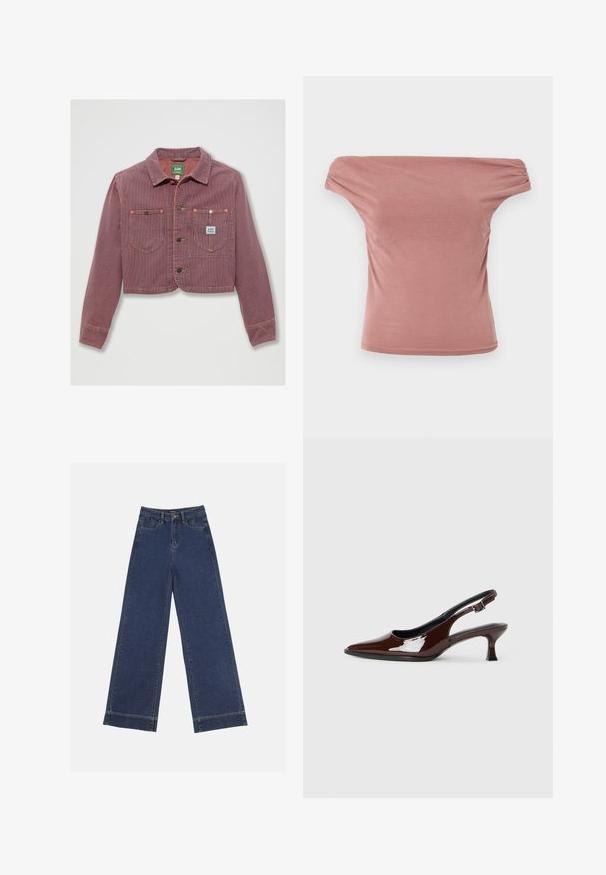 Afklippet jakke med røde og hvide striber lavet af kordfløjl, med to brystlommer og knaplukning, med mærketøj synligt på venstre side.; Off-the-shoulder lyserød top lavet af blødt stof. Har samlede ærmer og en tætsiddende silhuet. Glat tekstur uden mønstre eller hardware.; Vidde bukser i mørkeblå denim. Har fem lommer, bæltestropper og en rå kant nederst med synlige stikninger.; Brun patenteret læder slingback sko med spids tå og en moderat hæl. Har en spænde rem for en sikker pasform. Glat tekstur.
