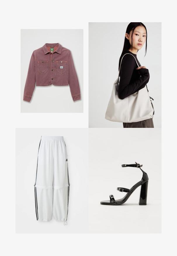 Kratka rdeča in bela črtasta jakna iz kordovca, z dvema žepoma na prsih in gumbom za zapiranje, z vidno oznako blagovne znamke na levi strani.; Bela bluzo brez naramnic z nabranimi detajli, nabranim teksturiranjem in elastičnim pasom. Narejena iz mehkega bombažnega blaga.; Bele športne hlače s sproščenim krojem, elastičnim pasom in črnimi stranskimi črtami. Imajo žepke na zadrgo in elastične manšete na gležnjih.; Črne lakirane sandale s peto, kvadratnim prstom, trakovi okrog gležnja in srebrnimi zaponkami. Opremljene so s stabilno Debelo peto.; Bežna torbica iz mehkega materiala, z ohlapno zasnovo, šivi in dvema naramnicama. Primerna za vsakodnevno uporabo.