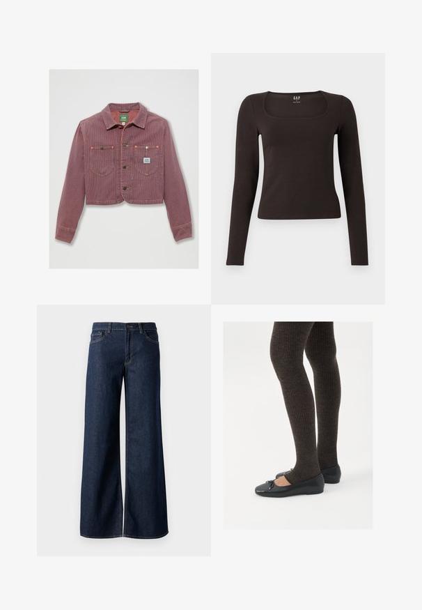 Jaqueta curta listrada em vermelho e branco feita de veludo cotelê, com dois bolsos no peito e fecho de botão, apresentando a etiqueta da marca visível no lado esquerdo.; Top preto de mangas longas, ajustado, com decote quadrado, da marca GAP, exibido sobre um fundo branco.; Jeans de perna larga em denim azul escuro. Apresenta costura em contraste, cinco bolsos e um fecho de botão na cintura. Textura lisa.; Sapatos planos pretos com um pequeno laço na ponta, emparelhados com meias-calças caneladas castanhas escuras. Os sapatos têm uma textura suave e um design discretamente baixo.