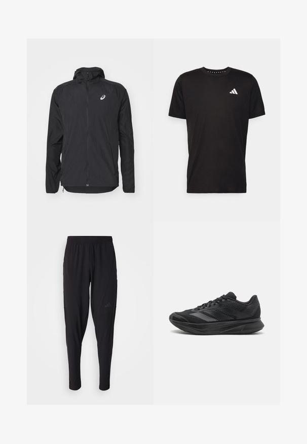 Black lightweight jacket featuring a hood, zip front, long sleeves, and a reflective logo on the upper left chest. Smooth texture and streamlined design.; Black cotton t-shirt with short sleeves, crew neckline, and a white logo on the left chest. Smooth texture and simple design.; Black athletic pants with an elastic waistband, tapered design, side pockets, and subtle logo detail. Made from flexible, breathable fabric.; Black athletic shoe with mesh and synthetic materials, streamlined design, curved sole, and textured detailing on the upper.