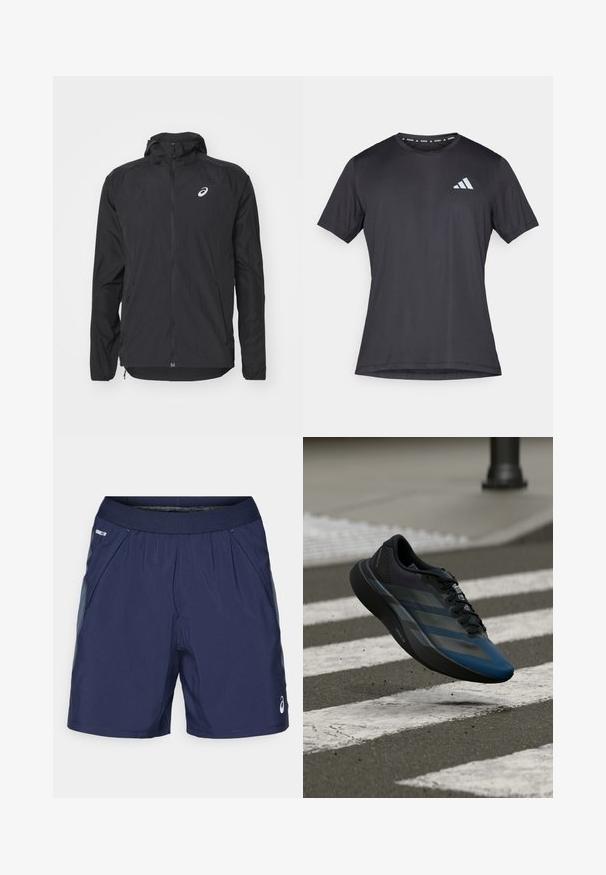 Giubbotto leggero nero con cappuccio, zip frontale, maniche lunghe e logo riflettente sulla parte superiore sinistra del petto. Texture liscia e design snello.; Maglietta sportiva nera, maniche corte, scollo tondo, realizzata in tessuto leggero. Presenta un logo Adidas riflettente sul davanti.; Pantaloni shorts sportivi blu navy con vita elastica, tasche laterali e dettagli grigio chiaro. Realizzati in tessuto leggero e morbido per il massimo comfort.; Scarpa sportiva nera e blu con un design aerodinamico, presenta una tomaia testurizzata, strisce a contrasto e una suola ammortizzata, sospesa sopra l'asfalto.