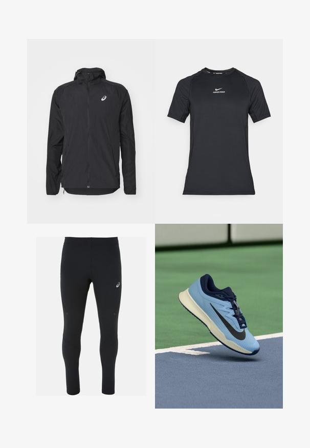 Musta kevyt takki, jossa on huppu, vetoketjusuljenta, pitkät hihat ja heijastava logo vasemmassa ylärinnassa. Suora tekstuuri ja virtaviivainen muotoilu.; Mustavalkoinen lyhythihainen Nike Pro -urheilupaita, jossa on valkoinen Nike-logo keskellä rintaa.; ASICS ROAD WINTER - Juoksutrikoot - performance black; Vaaleansininen urheilujalkine, jossa on tummansiniset yksityiskohdat, teksturoitu verkko-osa ylhäällä ja musta Swoosh-logo. Varusteena pehmustettu välikerros ja kumipohja.