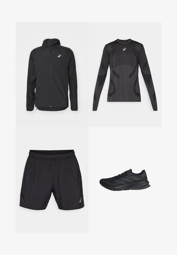 Zwarte lichtgewicht jas met capuchon, ritssluiting aan de voorkant, lange mouwen en een reflecterend logo op de bovenste linkerborst. Gladde textuur en gestroomlijnd ontwerp.; Langarm atletisch T-shirt in donkergrijs, met textuuraccenten in lichter grijs. Ronde halslijn met logo op de borst.; Zwarte sportshorts gemaakt van lichtgewicht materiaal, met een elastische tailleband en een klein logo aan de onderkant van de linkerkant.; Zwarte Adidas hardloopschoen met Gore-Tex bovenwerk, drie strepen aan de zijkant en "Dreamstrike" op de zool, gezien vanaf de buitenzijde.