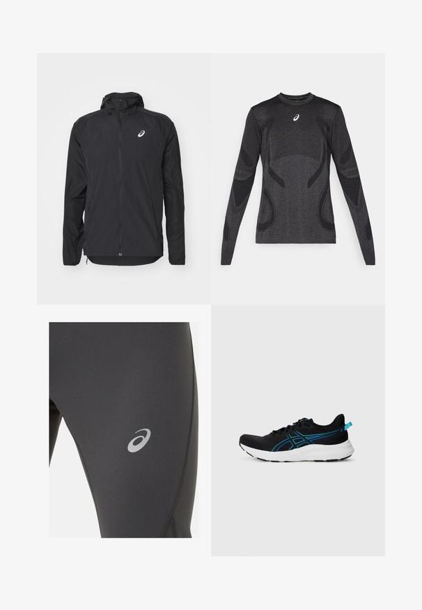 Schwarze leichte Jacke mit Kapuze, Reißverschluss vorne, langen Ärmeln und einem reflektierenden Logo auf der oberen linken Brust. Glatte Textur und aerodynamisches Design.; Langärmliges Sportoberteil in Dunkelgrau mit strukturierten Designelementen in Hellgrau. Rundhalsausschnitt mit Logo auf der Brust.; ASICS ROAD WINTER - Lauftights - graphite grey; Schwarzer Sportschuh mit einem atmungsaktiven Mesh-Obermaterial, blauen Akzenten, gepolstertem weißen Sohle und einer strukturierten Oberfläche für besseren Halt. Verfügt über Schnürsenkel und eine Fersenschlaufe.