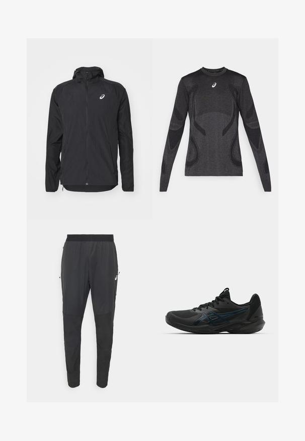 Svart lett jakke med hette, glidelås foran, lange ermer og et reflekterende logo på øvre venstre bryst. Glatt tekstur og strømlinjeformet design.; Langermet treningsgenser i mørkegrå, med teksturerte designelementer i lysere grå. Rund hals med logo på brystet.; Sorte joggebukser laget av lett, vannavvisende materiale, med en smal design, elastisk midje og glidelåslommer på siden.; ASICS SOLUTION SPEED FF 3 CLAY - Clay court tennissko - black/prism blue