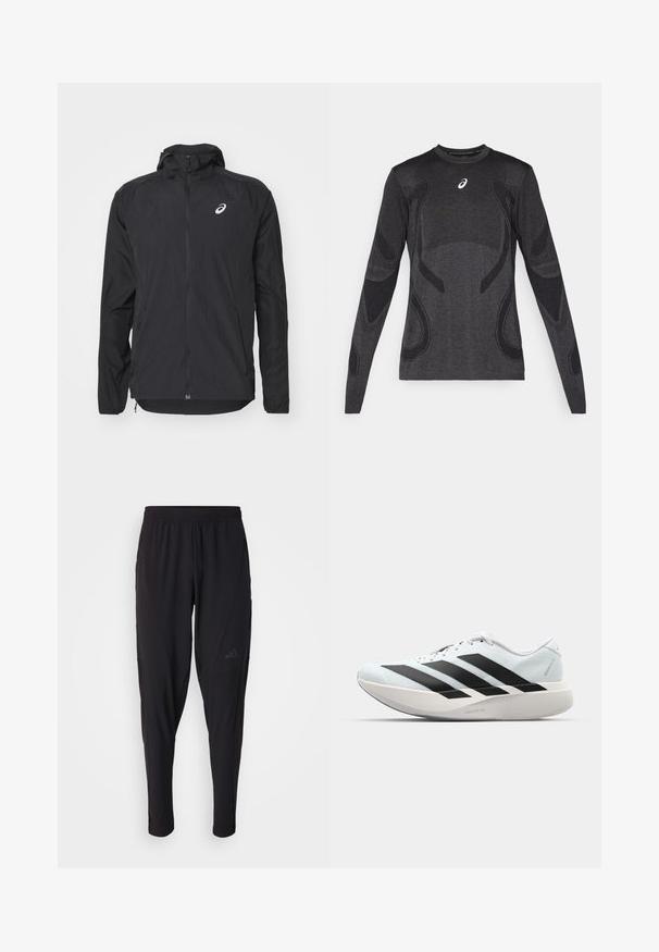 Schwarze leichte Jacke mit Kapuze, Reißverschluss vorne, langen Ärmeln und einem reflektierenden Logo auf der oberen linken Brust. Glatte Textur und aerodynamisches Design.; Langärmliges Sportoberteil in Dunkelgrau mit strukturierten Designelementen in Hellgrau. Rundhalsausschnitt mit Logo auf der Brust.; Schwarze Sporthosen mit elastischem Bund, tailliertem Design, Seitentaschen und dezenten Logo-Details. Hergestellt aus flexiblem, atmungsaktivem Material.; Leichte Laufschuhe in hellblau mit schwarzen Streifen. Sie verfügen über ein glattes Obermaterial, eine runde Zehenpartie und eine dicke weiße Zwischensohle, die mit "LIGHTSTRIKE PRO" beschriftet ist.