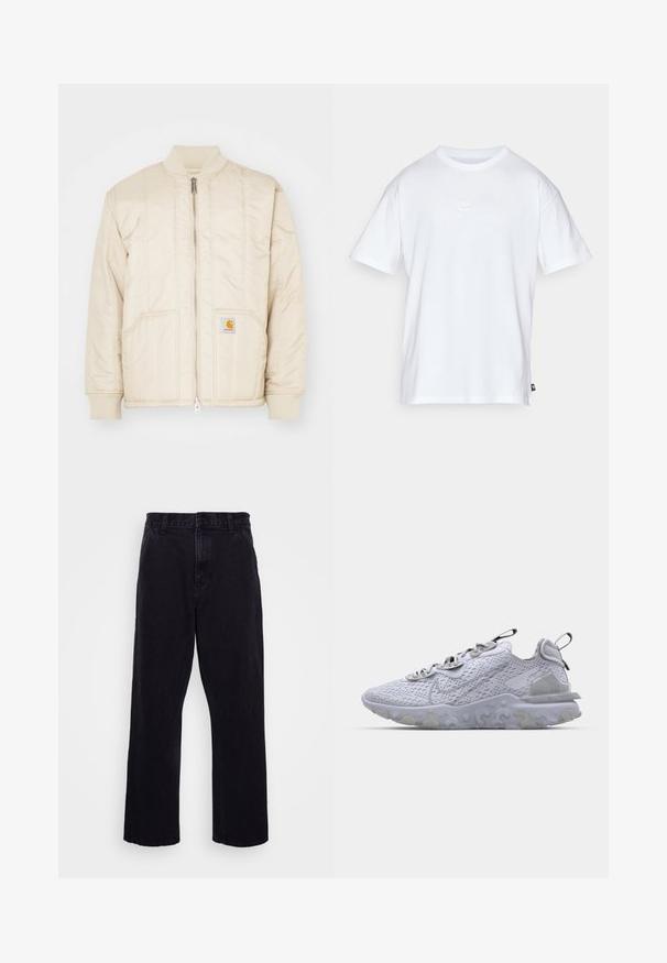 Jasnobeżowa kurtka bomberka z zamkiem błyskawicznym z przodu, ściągaczem przy kołnierzu i mankietach, dwoma kieszeniami oraz pionowymi szwami. Logo Carhartt na kieszeni.; Biała bawełniana koszulka z krótkim rękawem i okrągłym dekoltem. Posiada małe, dyskretne logo Nike na piersi oraz metkę po boku.; Czarne dżinsowe spodnie o prostym kroju, z zapięciem na guzik i zamek błyskawiczny, szlufkami na pasek oraz minimalnymi detalami w szwach.; Jasnoszare buty sportowe z oddychającą siateczką na górze, teksturowaną gumową podeszwą i odblaskowymi akcentami. Posiadają wyściełane kołnierze i sznurowanie.