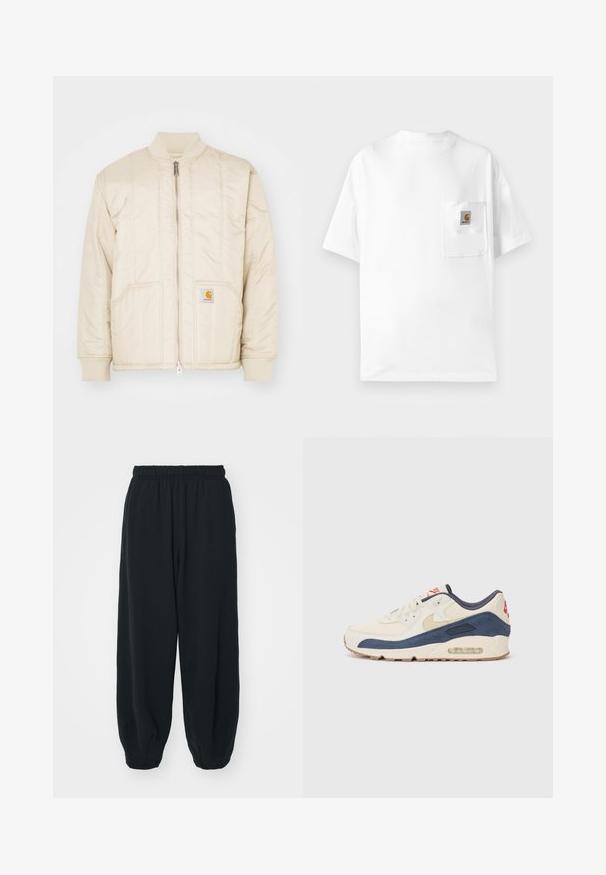 Lys beige bomberjakke med frontglidelås, ribbet krage og mansjetter, to lommer og vertikale sømmer. Carhartt-logo på lommen.; Hvit bomulls t-skjorte med rund hals, korte ermer og brystlomme med logo-patch. Minimalistisk design og sømløs tekstur.; Sorte, joggebukser med elastisk liv, løs passform, mansjetter på ankler, glatt tekstur og uten synlige mønstre eller hardware-detaljer.; Sko med overdel i kremfarget lær og marineblå semsket skinn, med synlig luftsåle, beige gummisåle og rød detalj på hælen.