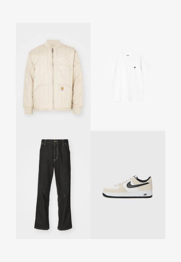 Šviesiai smėlio spalvos bombonešis su priekiniais užtrauktukais, šonkačio apykakle ir rankogaliais, dviem kišenėmis ir vertikaliomis siuvimo linijomis. Carhartt logotipas ant kišenės.; Balta medvilninė marškinėliai su trumpomis rankovėmis, apvaliu kaklu ir mažuoju juodu logotipu kairėje krūtinės pusėje. Minkšta tekstūra ir standartinė forma.; Juodi džinsai su laisvu siluetu, turintys kontrastingas balto siūlo siūles, mygtuko uždarymą ir tiesų kojos dizainą.; Batai sportui su šviesiai rudos suku ir baltos odos viršutinė dalimi, juodom Nike swoosh detalėm, juodais akcentais ir balta gumine padanga su "AIR" ženklu.