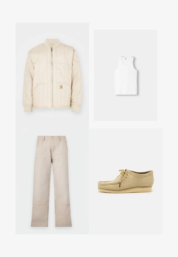 Jachetă bomber de un bej deschis, cu fermoar frontal, guler și manșete ribbate, două buzunare și modele de cusături verticale. Logo-ul Carhartt pe buzunar.; Top din bumbac alb, cu decolteu rotund, bretele late și margine dreaptă, având o textură fină și fără modele vizibile.; Pantaloni din bumbac bej cu un design drept, având două buzunare frontale și două accente cu fermoar. Accentele din metal au o nuanță aurie.; Shoe din suede bej cu un design cu șireturi, detalii cusute și talpă din cauciuc. Forma este casual, cu un ușor toc în wedge.