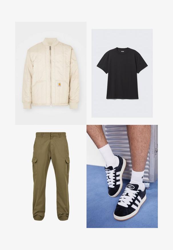 Light beige bomber jacket with a front zipper, ribbed collar and cuffs, two pockets, and vertical stitching patterns. Carhartt logo on pocket.; Black short-sleeve t-shirt made of cotton. Features a crew neckline and a relaxed fit. Simple design with no patterns or accents visible.; Green cargo pants with a straight fit, cotton material, side pockets, and button closure for functionality. Smooth texture, casual design.; Black suede sneakers with white laces and three white stripes. Features a circular black logo on the tongue and a gum rubber sole.