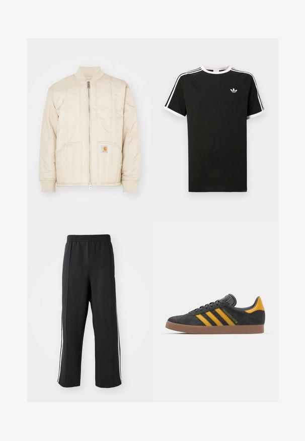 Lys beige bomberjakke med lynlås foran, ribbet krave og manchetter, to lommer og lodrette syninger. Carhartt-logo på lommen.; Sort t-shirt lavet af bomuld med hvide accenter. Har korte ærmer, raglan-design og et lille logo på brystet. Tre hvide striber på skuldrene.; Sorte sweatpants med elastisk talje, der har hvide sidelister og en afslappet pasform. Lavet af blødt, strækbart stof.; Sort suedet sneaker med gule accenter, der har tre striber og en brun gummisål. Inkluderer en polstret tunge for komfort.