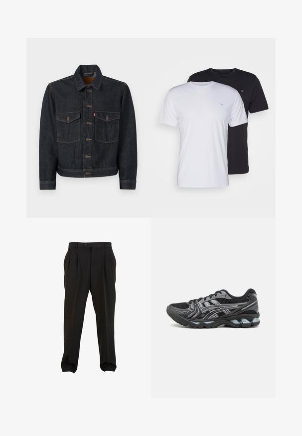 Tume denimi jakk musta nööpidega esiosas, kahe rinnaehega tasku ja kraega kaelus. Omab kontrastset õmblust ja metallist nööpe.; Kaks puuvillast T-särki, valge ja must, lühikeste varrukatega ning ümara kaelusega, rinnal on väike logo, sile tekstuur.; Mustad püksid siledast kangast, esikreppidega, nööbivöökoht ja kitsenevad pahkluud. Klassikaline peenelt lõigatud siluett.; Mustad mustespordijalanõud võrkkattega, hõbedaste aktsentidega ja pehmendustega tallaga. Omab paelaga kinnitust ja tekstureeritud tallaharjumist haardmiseks.