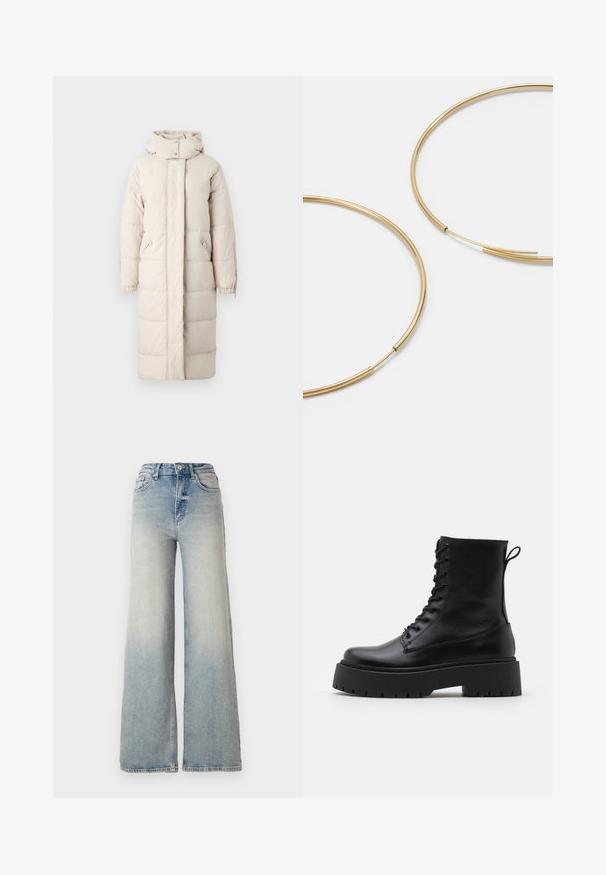 Garšs pildīts mētelis gaismas bežā krāsā, ar augstu apkakli, iebūvētiem sānu kabatām ar rāvējslēdzi un elastīgām aprocēm, lai nodrošinātu piemērotu piegulšanu.; Vero Moda VMNEWCREAM FUNNELNECK PULLOVER - Džemperis - black/birch; Gai zilu platā kāja džinsi, kas izgatavoti no denima, ar augstu jostasvietu, piecām kabatām un redzamu dūrienu gar šuvēm.; Melni ādas potītēm zābaki ar apļveida purngalu, auklām priekšpusē un biezu gumijas zoli ar teksturētu protektoru. Velkšanas cilpa aizmugurē.; Zelta krāsas auskari gredzena formā, plāni un apaļi, ar gludu metāla apdari un bez rotājumiem vai zīmējumiem.