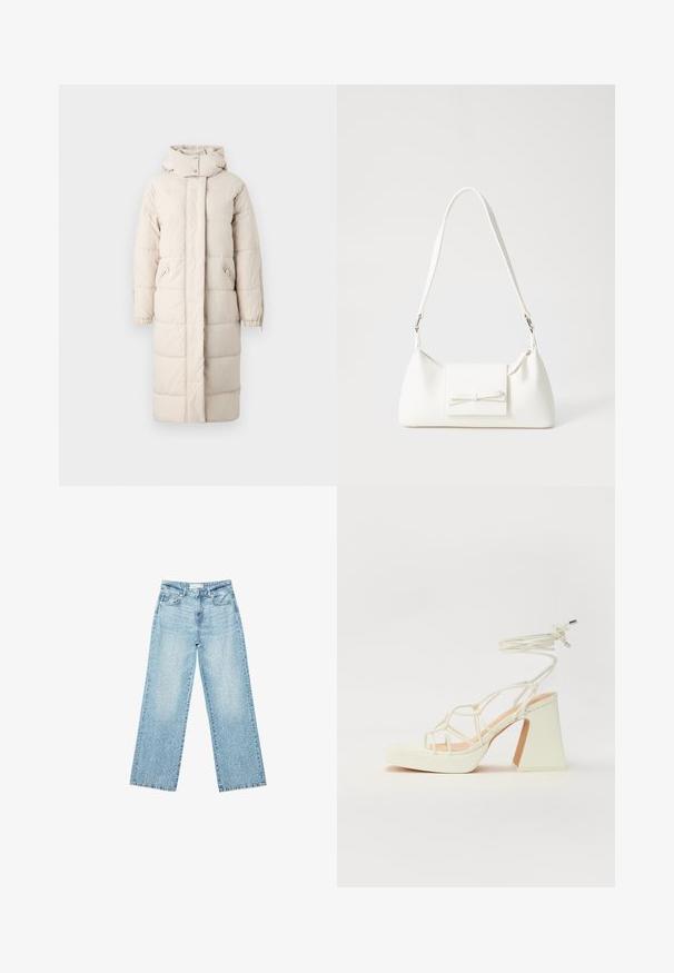 Lungo cappotto imbottito color beige chiaro, con colletto alto, tasche laterali con zip e polsini elastici per una vestibilità aderente.; T-shirt bianco a maniche corte realizzato in cotone. Presenta un collo tondo e una vestibilità rilassata. Texture liscia senza motivi o dettagli visibili.; Jeans larghi in denim blu chiaro a vita alta, caratterizzati da un lavaggio sbiadito e da piccoli dettagli strappati sparsi.; Sandalo bianco con tacco alto, caratterizzato da un design a cinturini e un legaccio alla caviglia. Texture liscia con una piattaforma frontale per un'altezza aggiuntiva.; Borsa sintetica bianca a forma triangolare, con patta anteriore piatta e dettaglio a fiocco, tracolla regolabile, texture liscia e design minimalista.