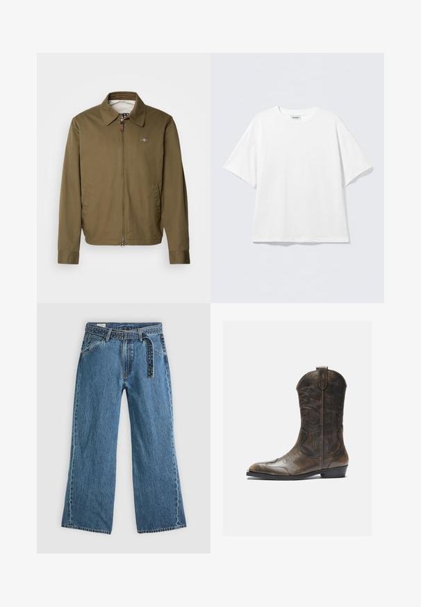 Olive green jacket with a spread collar, front zip closure, two side pockets, and a subtle logo on the left chest. Smooth texture.; White short-sleeve t-shirt made of cotton with a round neckline and relaxed fit. No visible patterns or accents. Simple design.; Blue denim wide-leg jeans with attached belt, front pockets, and visible stitching on a plain light background.; Brown leather cowboy boot with a tall shaft, pointed toe, intricate stitching patterns, and a small heel. Textured finish throughout.