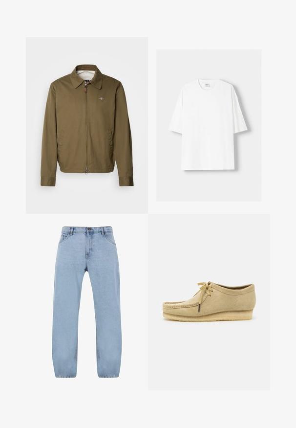 Oliivivihreä takki, jossa on levitetty kaulus, etuvetoketju, kaksi sivutaskua ja huomaamaton logo vasemmassa rinnassa. Sileä pinta.; Valkoinen lyhythihainen t-paita, joka on valmistettu puuvillasta, ominaisuutenaan pyöreä pääntie ja rento istuvuus. Sileä pinta, ilman näkyviä kuvioita tai yksityiskohtia.; Vaaleansiniset farkut suoran lahkeen tyylillä, joissa on neljä taskua, vetoketjukiinnitys ja kultaiset ompeluversiot.; Vaaleanbeige mokkasiinikenkä, jossa on nauhakiinnitys, ommeltu yksityiskohtia ja kumipohja. Muotoilu on rento, jossa on kevyt kiilakorko.