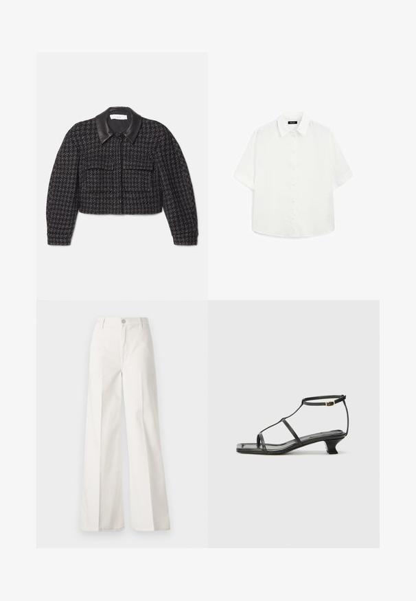 Black and white tweed cropped jacket featuring a smooth black leather collar, front zip closure, and two patch pockets. Textured fabric.; White short-sleeve shirt made of lightweight fabric, featuring a classic collar, button closure, and a rounded hem with subtle texture.; White wide-leg trousers made from cotton with a smooth texture. Features a front button, zipper fly, and four-pocket design.; Black leather sandal with a square toe, thin straps, adjustable ankle strap, and a low heel. Features a small gold accent on the strap.