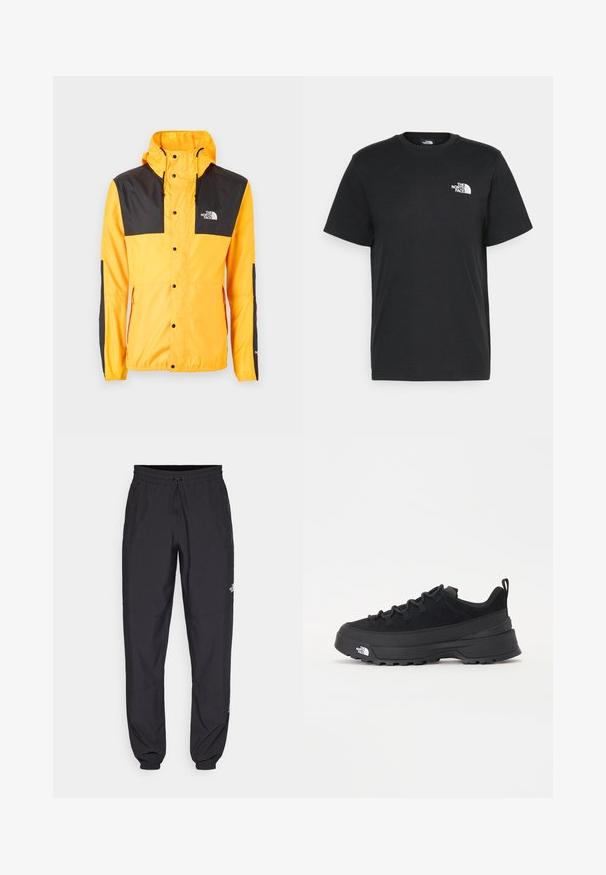 The North Face M SEASONAL MOUNTAIN JACKET - EU - Szabadtéri dzseki - summit gold/black; Fekete pamut póló, rövid ujjú, kerek nyakkivágással és egy kis fehér logóval a bal mellrészen. Egyszerű dizájn, sima textúra és laza fazon.; Fekete sportnadrág, könnyű anyagból készült, húzózsinóros derékkal, oldalsó zsebekkel és szűkített szárakkal a bokáknál.; Fekete kültéri sneaker velúr felsőrésszel, texturált gumitalppal és strapabíró fűzőrendszerrel. Megerősített sarkú és oldalán márkalogóval rendelkezik.