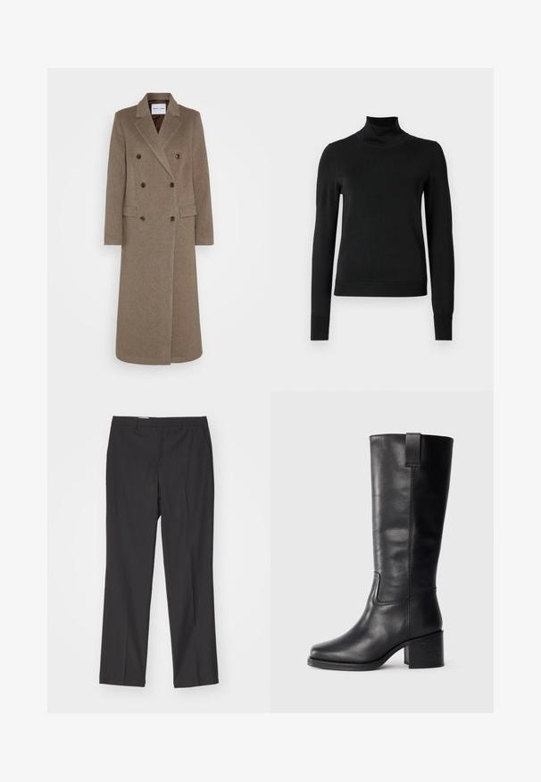 Kahe nööbiga pruun villa mantel, millel on soonilised kraed, kaks esist pocketit ja kontrastsed pruunid nööbid. Pikkus ulatub keskmise sääreni.; Mustmusterta mustaga pikkade varrukatega kõrge kaelusega sviiter, millel on ribakudumisega mansetid ja äär, esitatud lihtsal valgel taustal.; Mustad ülikondpüksid sirge jala lõikega, featuring vööloopidega ja siledast tekstuurist, valmistatud kergest kangast.; Musthave mustad nahktoodete bikiinibootid, millel on sile pind, ruudukujuline varvas, plokk-kand ja külgmine tõmbeaas, minimaalse õmblusega detailid.