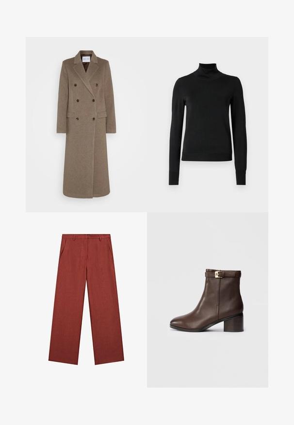 Dubbelsidig brun ullrock med spetsiga slag, två framfickor och kontrasterande bruna knappar. Längden når mitt på vaderna.; Svart långärmad polotröja med ribbade muddar och nederkant, visad mot en enkel vit bakgrund.; Breda byxor i rostfärg av texturerat tyg med framresår i midjan, två sidofickor och en slät finish.; Brun läderankelboot med rund tå, låg klack och en dekorativ spännband vid vristen. Slät textur och elegant design.
