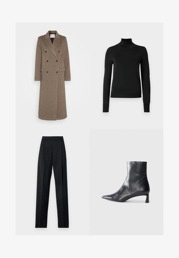 Palton din lână maro, cu două rânduri de nasturi și rever răsfrânt, două buzunare frontale și nasturi maro contrastanți. Lungimea ajunge până la jumătatea gambei.; Pulover negru cu mânecă lungă și guler tip colier, cu manșete și tiv cu elastic, expus pe un fundal alb simplu.; Pantaloni negri dintr-un material neted, cu talie înaltă, picioare largi, pliuri frontale și loop-uri clasice pentru curea. Fără buzunare laterale vizibile.; Cizmă de gleznă din piele neagră cu vârf ascuțit și un design elegant. Dispune de un toc mic și de o închidere cu fermoar la spate. Textură netedă.