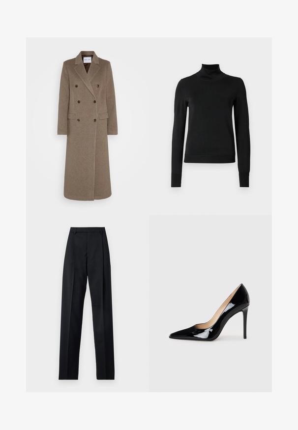 Podwójnie zapięty brązowy wełniany płaszcz z klapami, dwoma przednimi kieszeniami i kontrastowymi brązowymi guzikami. Długość sięga do połowy łydki.; Czarny sweter z długim rękawem i stojącym kołnierzem, z prążkowanymi mankietami i dołem, zaprezentowany na białym tle.; Czarne spodnie wykonane z gładkiego materiału, z wysokim stanem, szerokimi nogawkami, fałdami z przodu i klasycznymi szlufkami na pasek. Brak widocznych kieszeni bocznych.; Czarne, lakierowane szpilki z ostrym noskiem i smukłą sylwetką. Charakteryzują się gładkim, błyszczącym wykończeniem oraz cienkim obcasem w stylu stiletto.