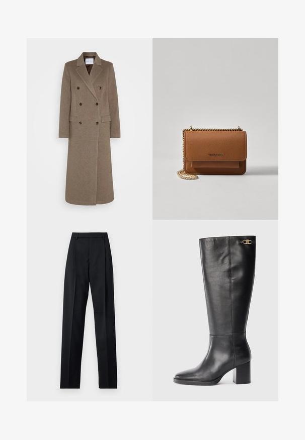 Palton din lână maro, cu două rânduri de nasturi și rever răsfrânt, două buzunare frontale și nasturi maro contrastanți. Lungimea ajunge până la jumătatea gambei.; Pulover alb tricotat cu mânecă scurtă, având tivuri verticale și guler rotund. Fabricat dintr-un material moale, cu un finisaj texturat.; Pantaloni negri dintr-un material neted, cu talie înaltă, picioare largi, pliuri frontale și loop-uri clasice pentru curea. Fără buzunare laterale vizibile.; Botă din piele neagră până la genunchi, cu toc bloc, vârf ascuțit și accente de metal auriu aproape de vârf. Textură netedă cu cusături minime.; Geantă crossbody din piele texturată maro, cu curea din lanț aurit și închidere cu clapetă. Partea din față prezintă detalii cu logo și o buzunar sub clapetă.