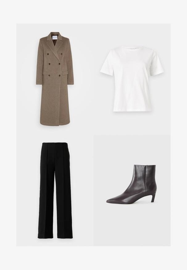 Abrigo de lana marrón de doble botonadura con solapas muesca, dos bolsillos delanteros y botones marrones contrastantes. La longitud alcanza la mitad de la pantorrilla.; Camiseta de algodón blanca de manga corta, con cuello redondo y un corte relajado. Textura suave, sin patrones ni acentos, diseño minimalista.; Pantalones anchos de talle alto negros con pliegues frontales, exhibidos sobre un fondo blanco liso.; Botín negro de cuero hasta el tobillo con punta afilada y tacón bajo de tipo kitten, acabado suave, con cremallera lateral, presentado sobre un fondo neutro.