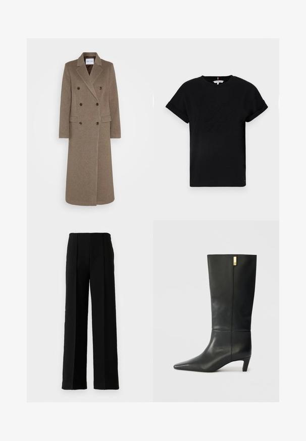 Kaksirivinen ruskea villakangastakki, jossa on viistetyt läpät, kaksi etutaskua ja kontrastoivat ruskeat napit. Pituus ulottuu puoleen sääristä.; Mustapaita, jossa on lyhyet käärityt hihat, keskellä kohokuvioitu logo ja sivussa pieni lipputunnus.; Mustat korkeat leveälahkeiset housut etulaskoksilla, esiteltyinä yksinkertaisen valkoisen taustan edessä.; Mustat nahkasaappaat polveen asti, joissa on terävä kärki ja pieni korko. Ominaisuuksina on tyylikäs muotoilu, jossa on kultainen yksityiskohta. Sileä pinta.