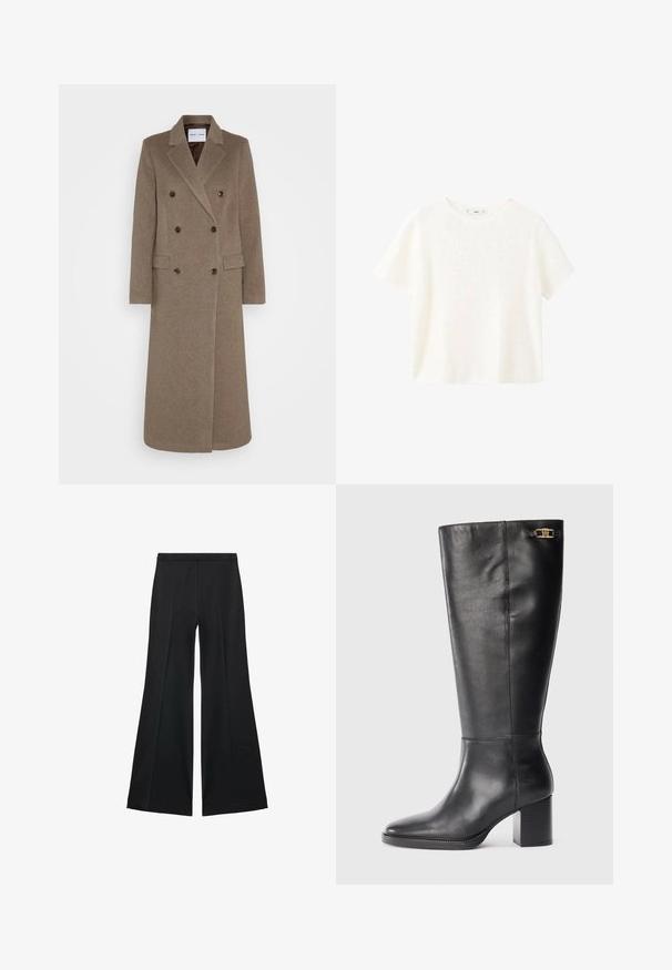 Kaksirivinen ruskea villakangastakki, jossa on viistetyt läpät, kaksi etutaskua ja kontrastoivat ruskeat napit. Pituus ulottuu puoleen sääristä.; Valkoinen lyhythihainen ribbipaita, jossa on pyöreä pääntie. Pehmeä materiaali ja rento istuvuus, yksinkertainen muotoilu ilman lisäkuvioita.; Mustat leveälahkeiset housut, joissa on sileä pinta, etupuolella laskokset ja muotolaskettu malli. Kangas on kevyttä ja laskeutuvaa.; Musta nahkainen polven yli ulottuva saapas, jossa on paksu korko, terävä kärki ja kultainen yksityiskohta ylhäällä. Sileä pinta, jossa on minimaalinen ompelu.