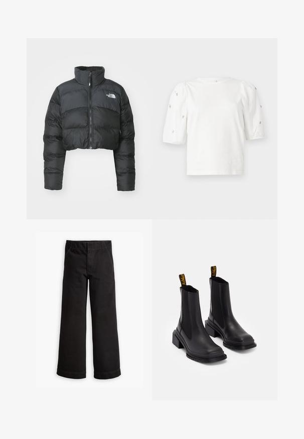 Cropped black puffer jacket with a high collar and front zipper. Features horizontal quilted panels and a small logo on the chest.; White cotton t-shirt with short puff sleeves, featuring small silver embellishments along the sleeves. Classic round neckline, relaxed fit.; Black cotton pants with a wide-leg design, featuring a waistband with elastic, front pockets, and cuffs at the ankle.; Black ankle boots made of smooth leather with elastic side panels, a square toe, and a chunky heel. Features yellow branded pull tabs.