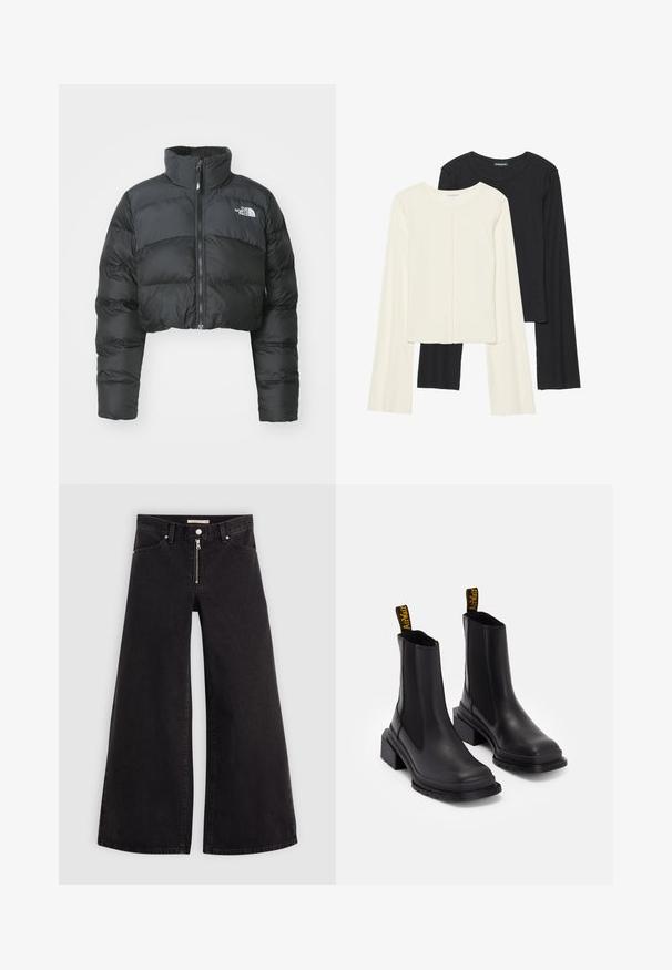 Skraćena crna puf-jakna s visokim ovratnikom i prednjim patentnim zatvaračem. Sadrži horizontalne kviltane panele i mali logo na prsima.; Set od dvije duge majice s dugim rukavima u bijeloj i crnoj boji. Rebrasta tekstura, okrugli izrez, uski kroj s blago raširenim rukavima.; Široke traperice od crnog denima s prednjim zatvaračem, dizajnom s pet džepova i suptilnim detaljima šivanja. Glatka tekstura i ležeran stil.; Crne gležnjače od glatke kože s elastičnim bočnim panelima, kvadratnom kapicom i debelim potplatom. Sadrže žute brendirane ručke.