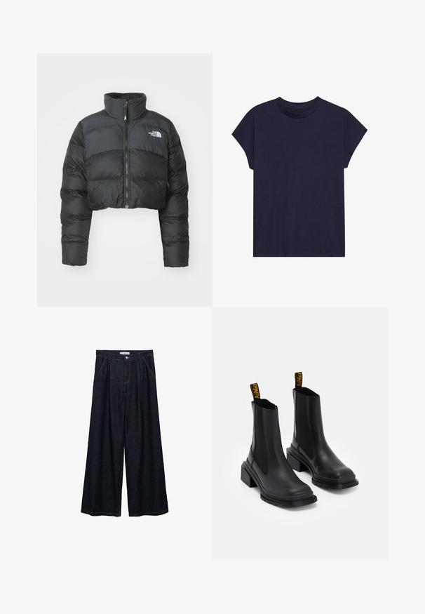 Afklippet sort pufferjakke med høj krave og frontlynlås. Har vandrette quiltede paneler og et lille logo på brystet.; Mørkeblå bomulds t-shirt med rund halsudskæring og korte ærmer, i et afslappet snit og med en glat tekstur. Uden mønstre eller accenter.; Mørk denim bredbenede bukser med høj talje, der har en frontlukning med knap, to sidelommer og syningsdetaljer.; Sorte ankelstøvler lavet af glat læder med elastiske sidepaneler, en kvadratisk tå og en kraftig hæl. Udstyret med gule mærkeforankringssløjfer.