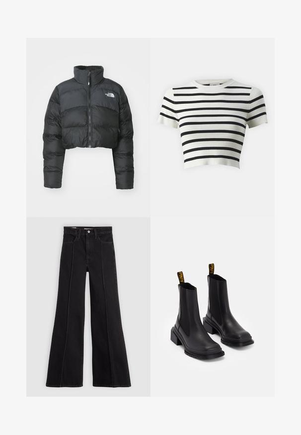 Krótkia czarna kurtka puchowa z wysokim kołnierzem i zamkiem błyskawicznym z przodu. Posiada poziome pikowane panele oraz małe logo na klatce piersiowej.; Biała krótka bluzka z krótkim rękawem z poziomymi czarnymi paskami. Wykonana z prążkowanego materiału, z okrągłym dekoltem i dopasowanym krojem.; Czarne, wysokie dżinsy o szerokich nogawkach z detalami w postaci szwów z przodu, zapięciem na guzik, szlufkami na pasek i przednimi kieszeniami na jasnym tle.; Czarne botki za kostkę wykonane z gładkiej skóry, z elastycznymi bocznymi panelami, kwadratowym noskiem i grubym obcasem. Zawierają żółte uchwyty z logo.