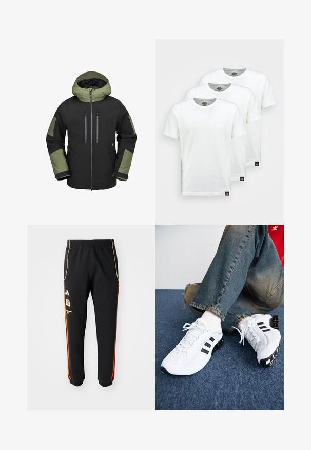 Chaqueta con capucha en negro y verde olivo con dos bolsillos en el pecho con cremallera, puños ajustables y un bolsillo frontal. Presenta un diseño estructurado.; Tres camisetas de algodón blanco liso con mangas cortas. Cada camiseta tiene un escote redondo y una pequeña etiqueta de logo negra en el lado izquierdo.; Pantalones deportivos negros con cintura elástica, rayas laterales doradas y rojas, y logotipos amarillos en el muslo izquierdo.; Zapatillas deportivas de malla blanca con acentos en negro, que presentan un diseño texturizado y una suela distintiva, combinadas con jeans de mezclilla azul.