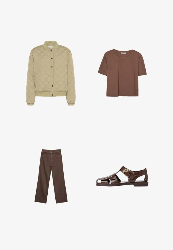 Nastavljiva jakna v olivno zeleni barvi s polnili, ribastim ovratnikom, gumbi na pritisak in elastičnimi rokavi. Ima stranske žepke in strukturirano rombasto površino.; Rjava kratka majica s kratkimi rokavi iz mehkega materiala, s krožnim izrezom in ohlapnim krojem. Brez vidnih vzorcev ali dodatkov.; Široke rjave kavbojke iz denima, ki imajo visok pas, sprednje žepe in klasično zapiranje na gumb. Gladka tekstura s subtilnim šivom.; Rjave usnjene sandale z izrezljanim dizajnom, nastavljivim stranskim sponko in ravnim podplatom, dekorirane z kovinskimi detajli in odprtim prstom.