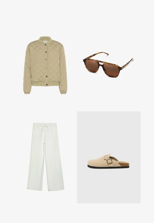 Gevoerd olijfgroen bomberjack met een geribde kraag, drukknoopsluiting en elastische manchetten. Beschikt over een gestructureerd ruitpatroon en zijkappen.; Witte korte mouwen t-shirt van katoen. Heeft een ronde halslijn en een ontspannen pasvorm. Glad textuur zonder zichtbare patronen of accenten.; Witte wijde broek van zacht materiaal. Heeft een elastische tailleband met een trekkoord en een gladde textuur. Geen zichtbare patronen of hardware.; Beige suède instapklompen met een kurken voetbed, een ronde teen en een eenvoudige band met een goudkleurige gesp. Rubberen zool voor grip.; Tortoishell zonnebril met bruine lenzen, rechthoekige vorm en dunne pootjes. Heeft subtiele metallic accenten op het frame.