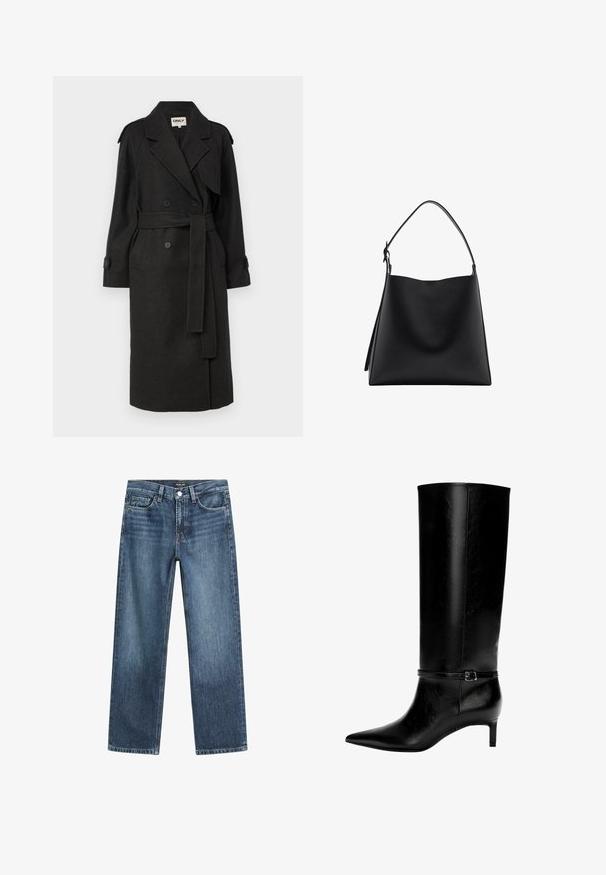 ONLY ONLDEAR TRILLION BELT - Klasický kabát - dark grey; Černý rolák z měkké pleteniny. Má dlouhé rukávy a žebrované manžety a lem. Jednoduchý, klasický design bez vzorů.; Modré džínové kalhoty s rovnými nohavicemi, středně světlým omakem, pěti kapsami a předním zapínáním na knoflík. Klasické prošívání po celém obvodu.; Černá kožená vysoká bota po kolena s špičatou špičkou a malým podpatkem. Obsahuje úzký pásek s kovovou sponou kolem kotníku. Hladký povrch.; Černá kožená kabelka s hladkým povrchem, minimalistickým designem a jedním zakřiveným ramenním popruhem. Otevřený vrchní prostor, bez viditelného hardwaru.