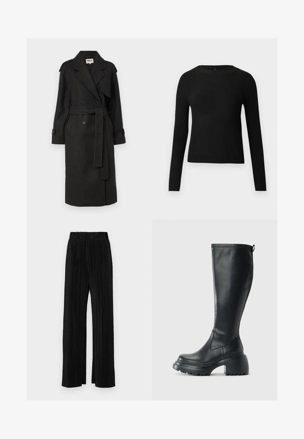ONLY ONLDEAR TRILLION BELT - Klasični plašč - dark grey; Črna rebrasta dolgosleeve prilegnjena pulover s krožnim ovratnikom, prikazan na enostavni svetli podlagi.; Črne plisirane hlače z elastičnim pasom. Imajo široke noge in gladko, teksturirano tkanino z navpičnimi črtami.; Visoka črna usnjena škornja s debelim podplatnim solejem in blok peto, opremljena s potegom in strukturiranim profilom na podplatu.