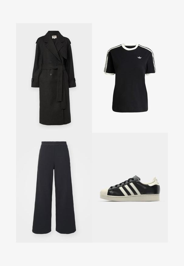 ONLY ONLDEAR TRILLION BELT - Classic coat - dark grey; Black cotton t-shirt with white accents on the collar and sleeves, featuring three white stripes on each shoulder and a small logo on the chest.; Black wide-leg sweatpants made from soft fabric, featuring an elastic waistband and a small logo on the left side.; Black leather sneaker with white stripes, rubber toe cap, black laces, and a cream-colored outsole. Smooth texture with shiny finish.