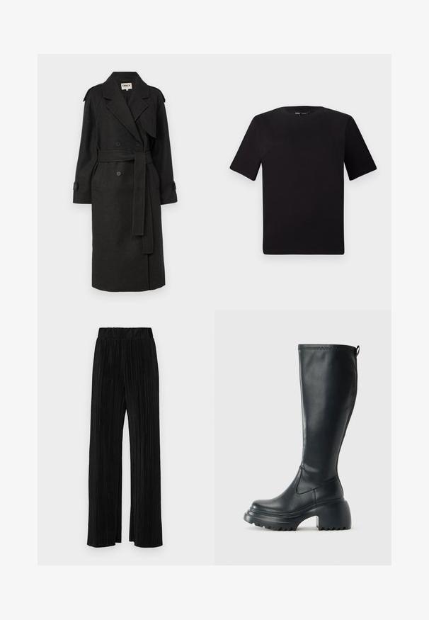 ONLY ONLDEAR TRILLION BELT - Klasičan kaput - dark grey; Crna majica kratkih rukava s okruglim izrezom, izrađena od mekane pamučne tkanine. Jednostavan dizajn, bez vidljivih logotipa ili uzoraka.; Crne plisirane hlače s elastičnim pojasom. Imaju široke nogavice i glatku, teksturiranu tkaninu s vertikalnim prugama.; Visoke crne kožne čizme s debelim platformskim đonom i blok petom, s patentom za povlačenje i teksturiranim uzorkom na potplatu.