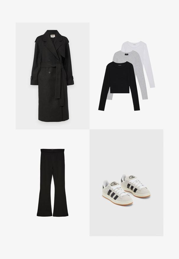 ONLY ONLDEAR TRILLION BELT - Casaco clássico - dark grey; Três camisetas de manga longa empilhadas: preta, cinza e branca. Cada uma tem um decote redondo e um design cropped, feitas de um tecido leve e suave.; Leggings pretos em flare feitos de um tecido elástico. Apresentam uma cintura larga e uma textura suave, com um silhueta ajustada que se alarga na bainha.; Tênis de camurça cinza com atacadores brancos, riscas pretas e uma sola de borracha branca. Apresenta um logótipo circular na língua e uma sola de borracha.
