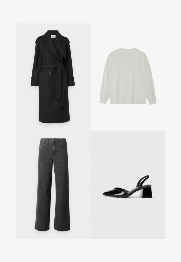 ONLY ONLDEAR TRILLION BELT - Klassisk kåpe / frakk - dark grey; Lys grå langermet t-skjorte laget av myk bomull. Har en løs passform, rund hals og forsiktig samlet mansjetter. Ingen mønstre eller grafikk.; Vide ben jeans i mørkegrå denim, med en subtil zebra-mønster tekstur, kontrast søm, og fem lommer med knappestol. ; Svarte patentlær slingback hæler med spiss tå og geometrisk blokk hæl. Har et stilrent, minimalistisk design og jevn tekstur.