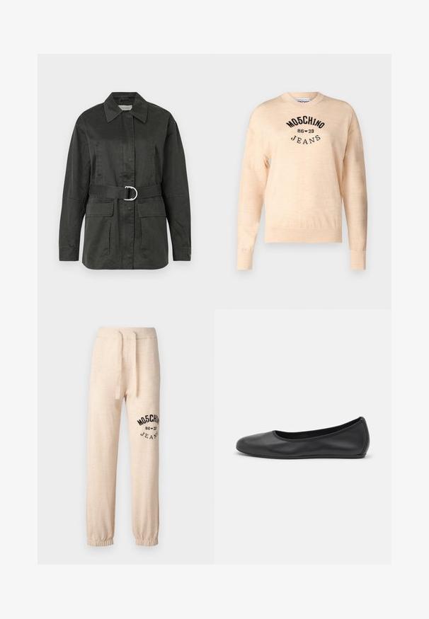 Giacca utility verde scuro in misto cotone, con colletto a punta, tasche frontali, cintura con fibbia circolare argentata e vestibilità rilassata.; Maglione beige chiaro realizzato in un morbido tessuto a maglia, con scollo rotondo, maniche lunghe e un logo ricamato nero con la scritta "Moschino Jeans."; Pantaloni della tuta beige con polsini e vita elastica. Presenta un logo stampato nero "MOSCHINO 86 ❤ 23 JEANS" sulla coscia sinistra. Tessuto morbido.; Pantofole da balletto nere in pelle con punta arrotondata, texture liscia, dettagli di cucitura minimi e design con suola flessibile.