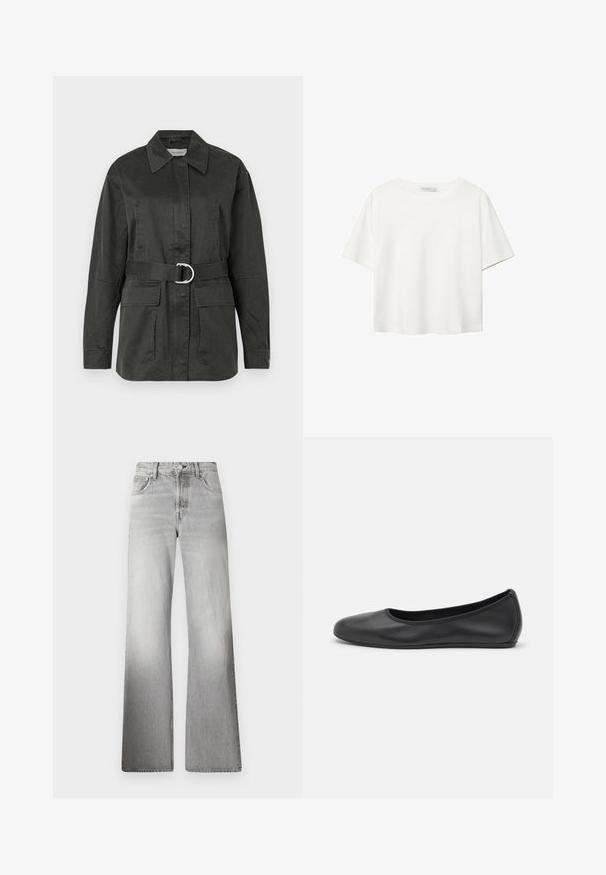 Tummanvihreä hyötytakki, joka on valmistettu puuvillasekoitteesta. Takissa on terävä kaulus, etutaskut, vyö hopeisella pyöreällä soljella ja rento muotoilu.; Valkoinen lyhythihainen T-paita, joka on tehty puuvillasta. Siinä on pyöreä kaula-aukko ja rento malli. Silkkinen pinta ilman näkyviä kuvioita tai koristeita.; Harmaa farkut, joissa on leveät lahkeet, korkea vyötärö, haalistunut rakenne, viisi taskua ja vetskari, jossa on nappisuljenta.; Musta nahkainen ballerina, jossa on pyöristetty kärki, sileä pinta, minimaalinen ommelkoristelu ja joustava pohjamuotoilu.